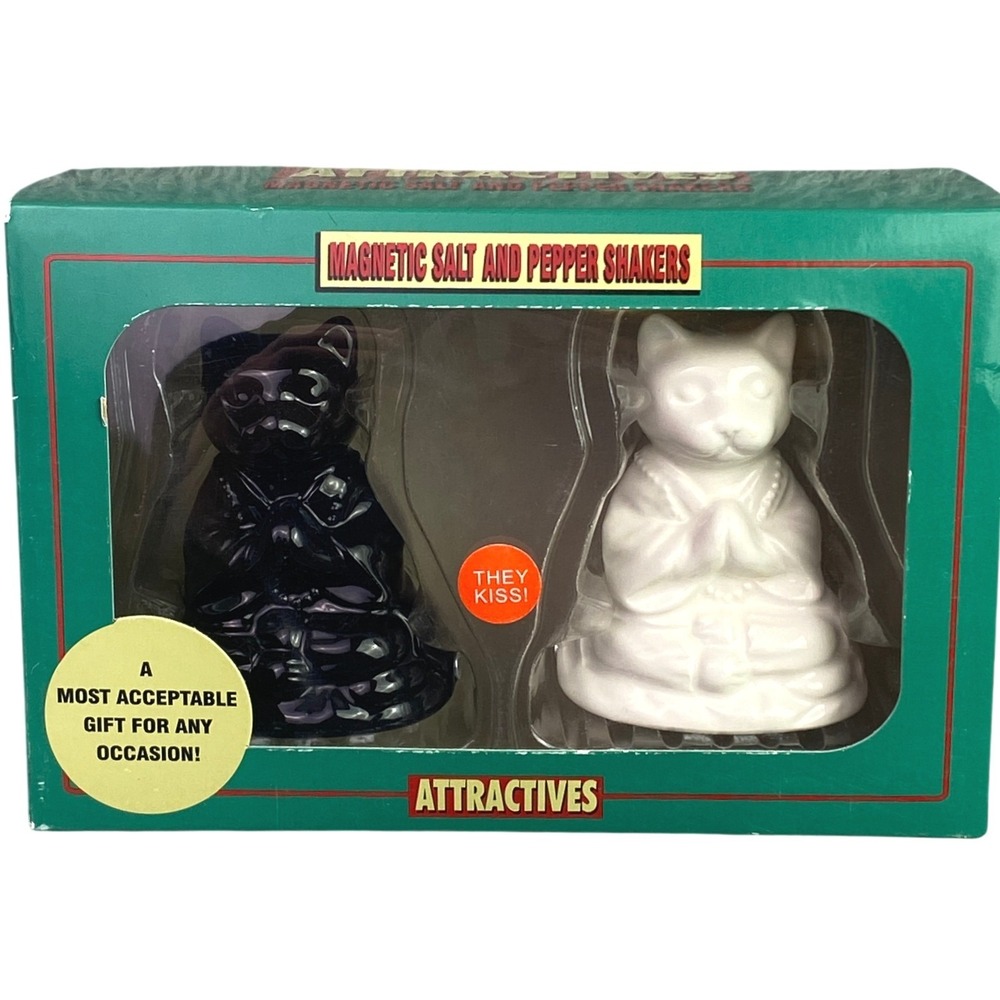 Buddha Cats Magnetic Salt‎ Pepper Shakers Set White Black NIB